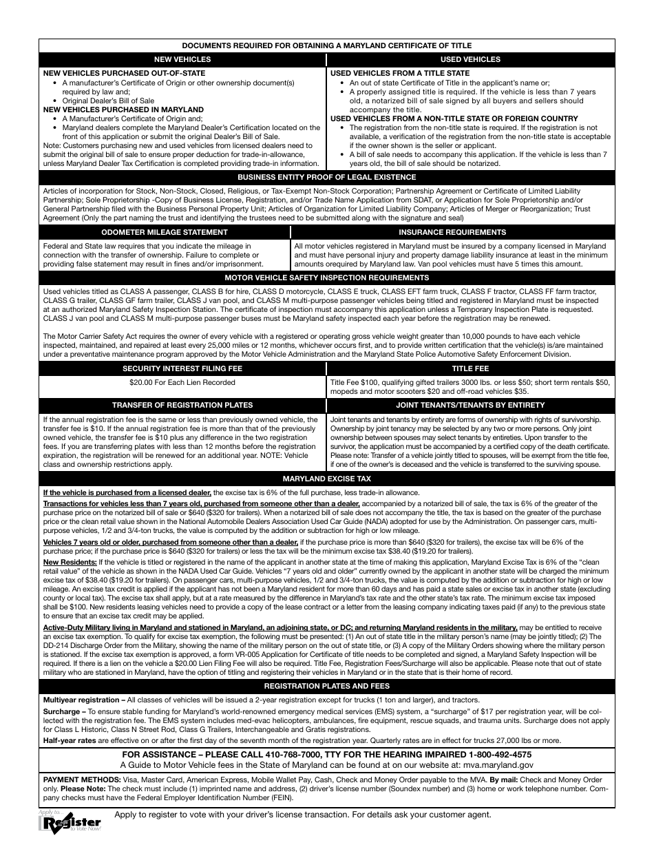 Form VR-005 Application for Certificate of Title - Maryland, Page 2