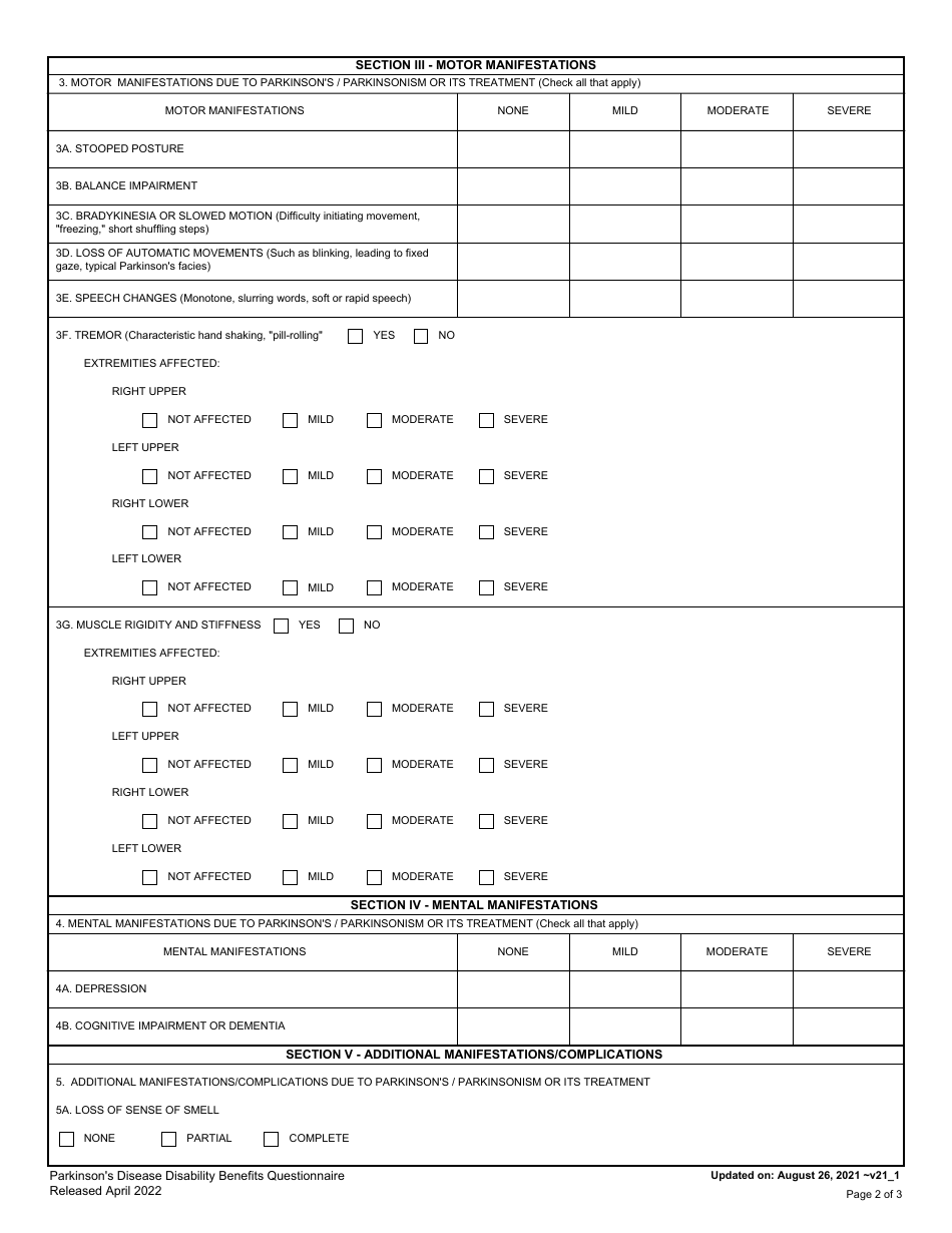 Parkinsons Disease Disability Benefits Questionnaire, Page 2