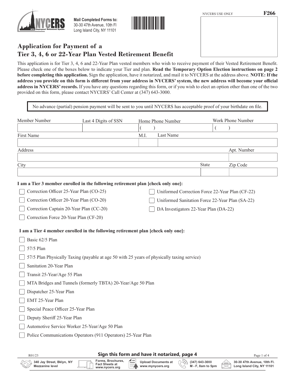 Form F266 Application for Payment of a Tier 3, 4, 6 or 22-year Plan Vested Retirement Benefit - New York City, Page 1