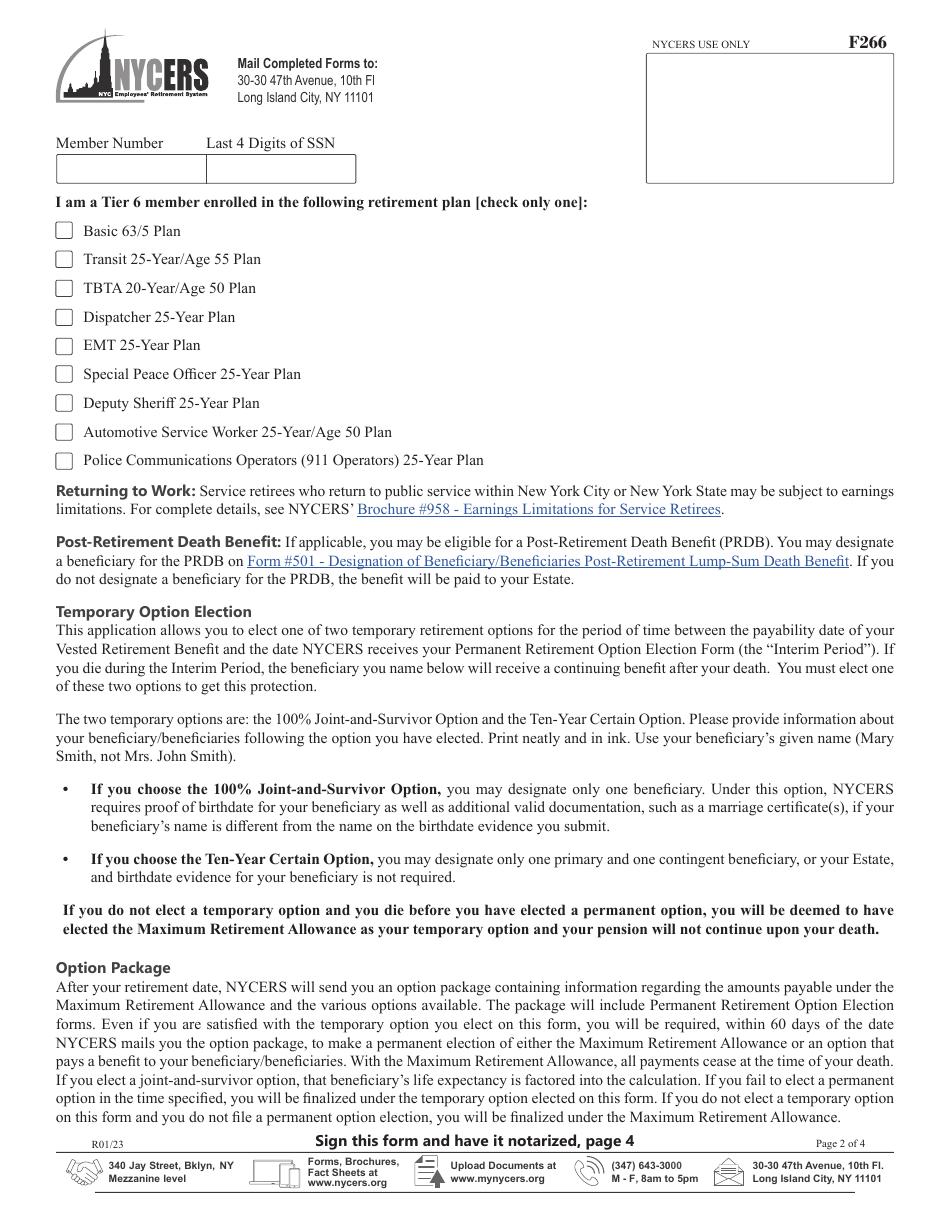 Form F266 Application for Payment of a Tier 3, 4, 6 or 22-year Plan Vested Retirement Benefit - New York City, Page 2