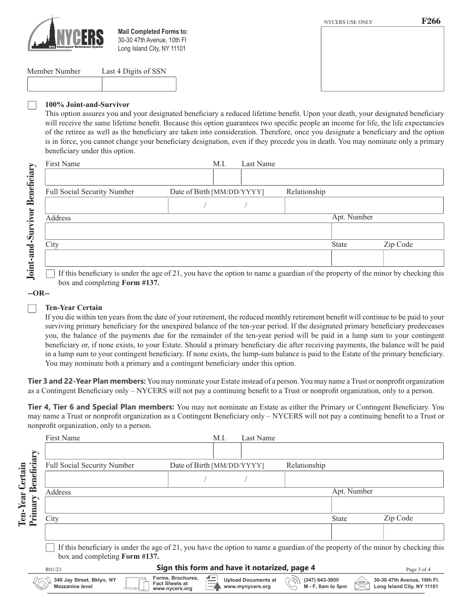 Form F266 Application for Payment of a Tier 3, 4, 6 or 22-year Plan Vested Retirement Benefit - New York City, Page 3