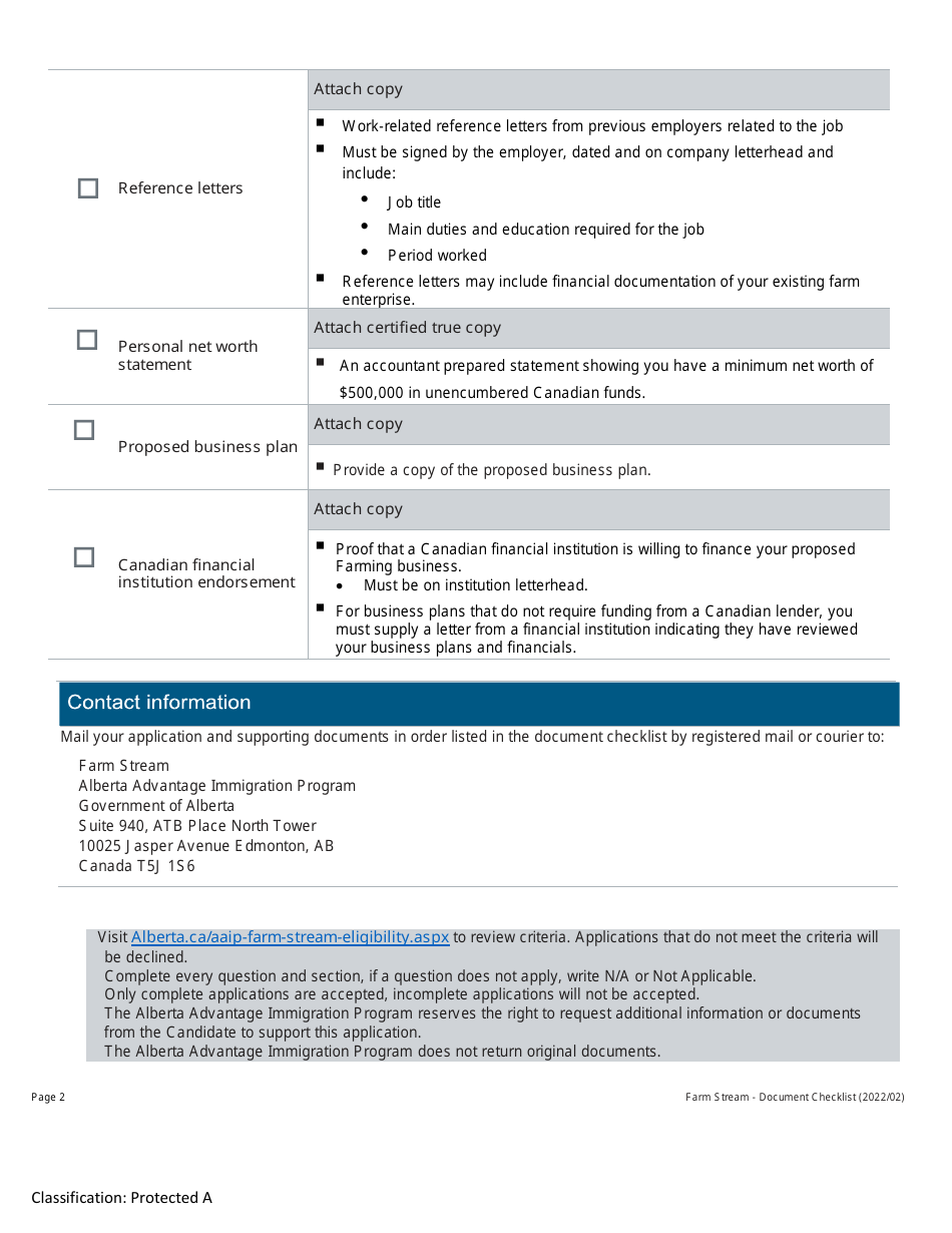 Farm Stream  Document Checklist - Alberta Advantage Immigration Program - Alberta, Canada, Page 2