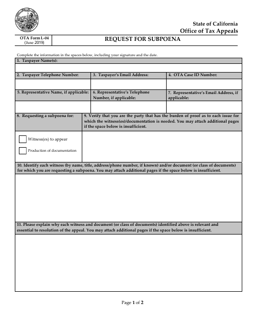 OTA Form L-04 Request for Subpoena - California