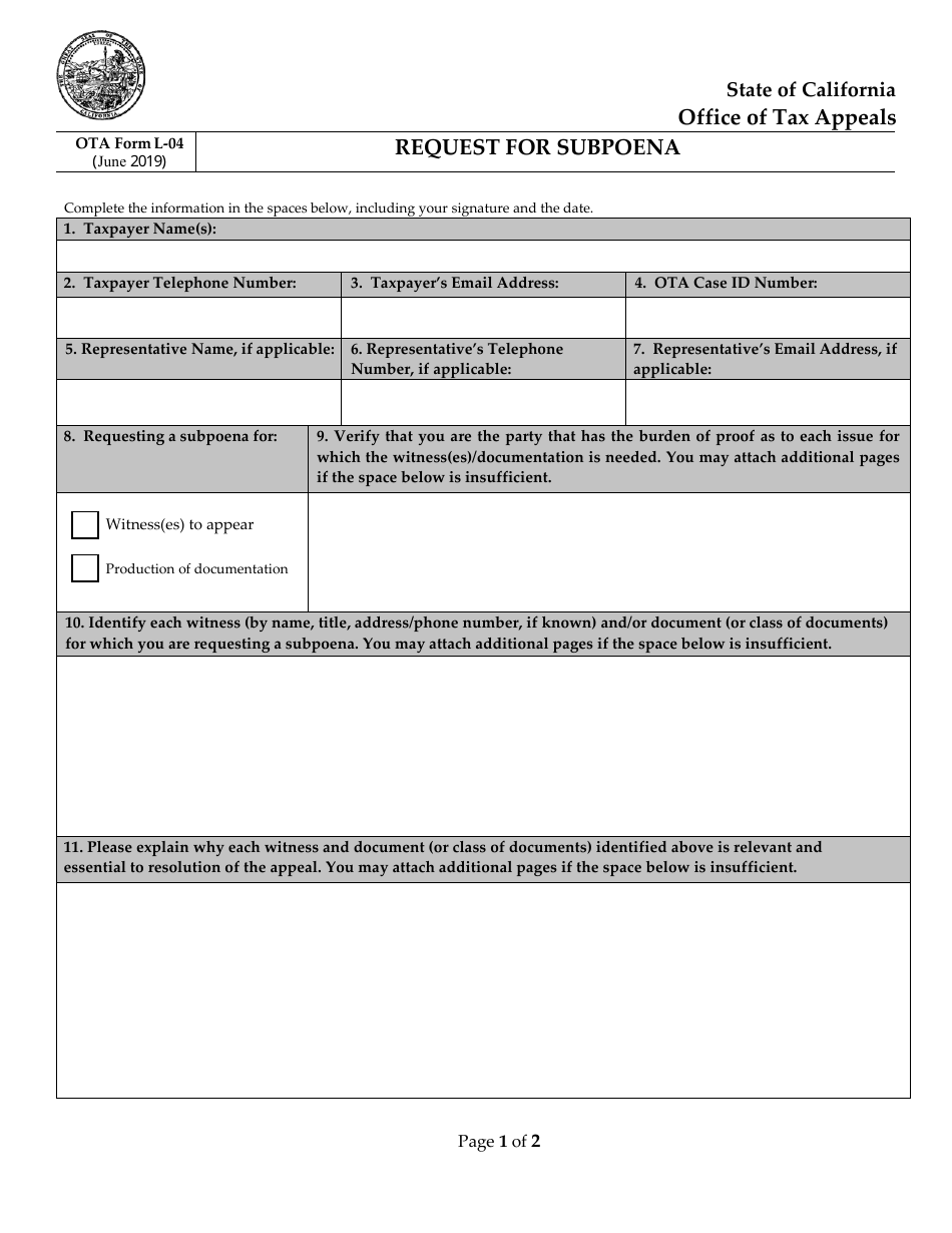 OTA Form L-04 Request for Subpoena - California, Page 1