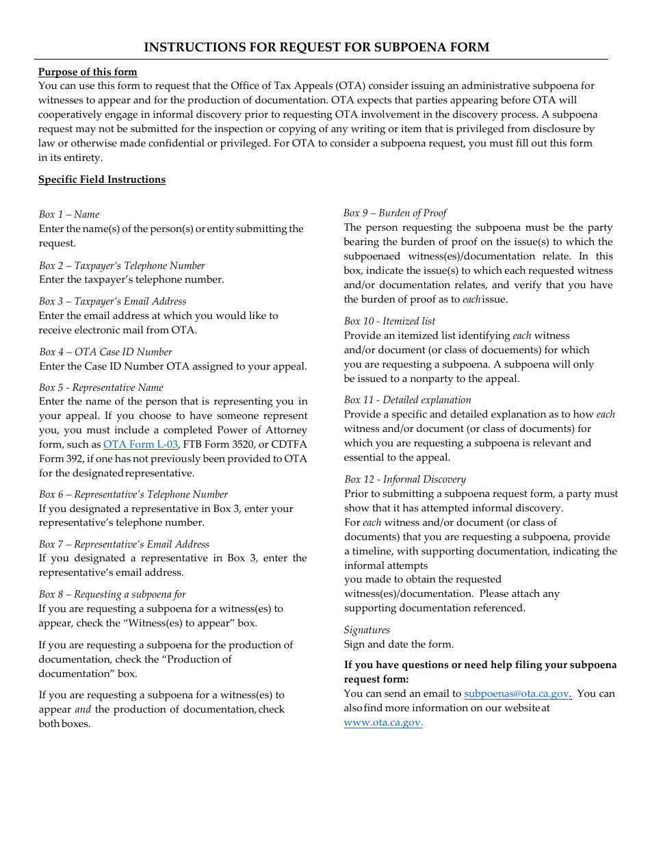 OTA Form L-04 Request for Subpoena - California, Page 3