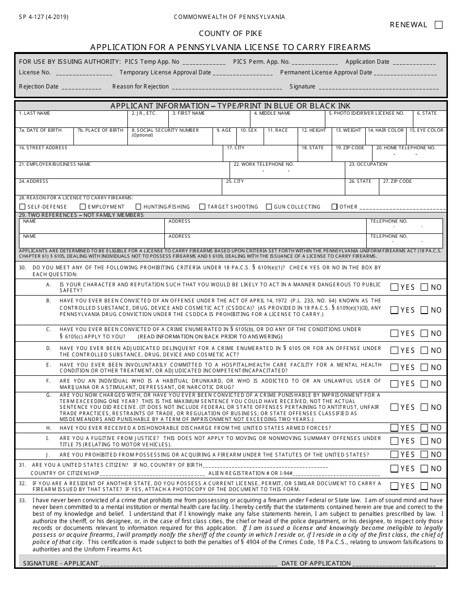 Form SP4-127 Application for a Pennsylvania License to Carry Firearms - County of Pike, Pennsylvania, Page 2