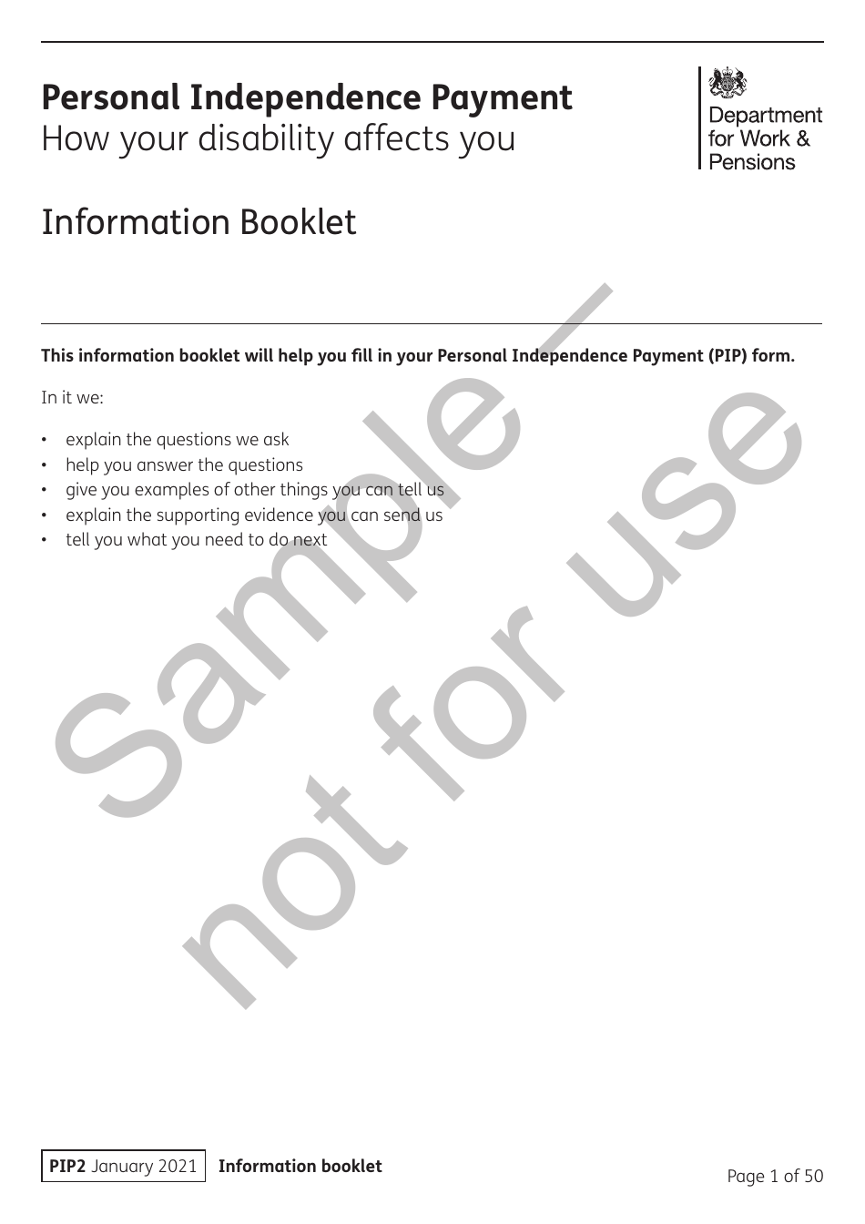 Form PIP2 Personal Independence Payment Information Booklet - Sample - United Kingdom, Page 1