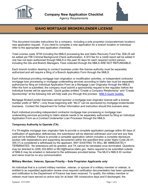 Idaho Mortgage Broker / Lender License Company New Application Checklist - Idaho Download Pdf