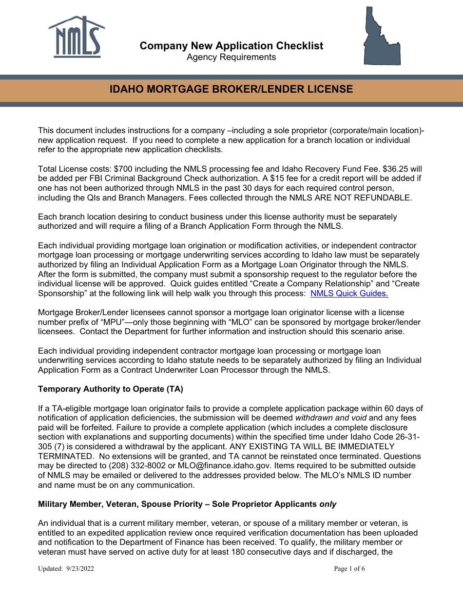 Idaho Idaho Mortgage Broker/Lender License Company New Application