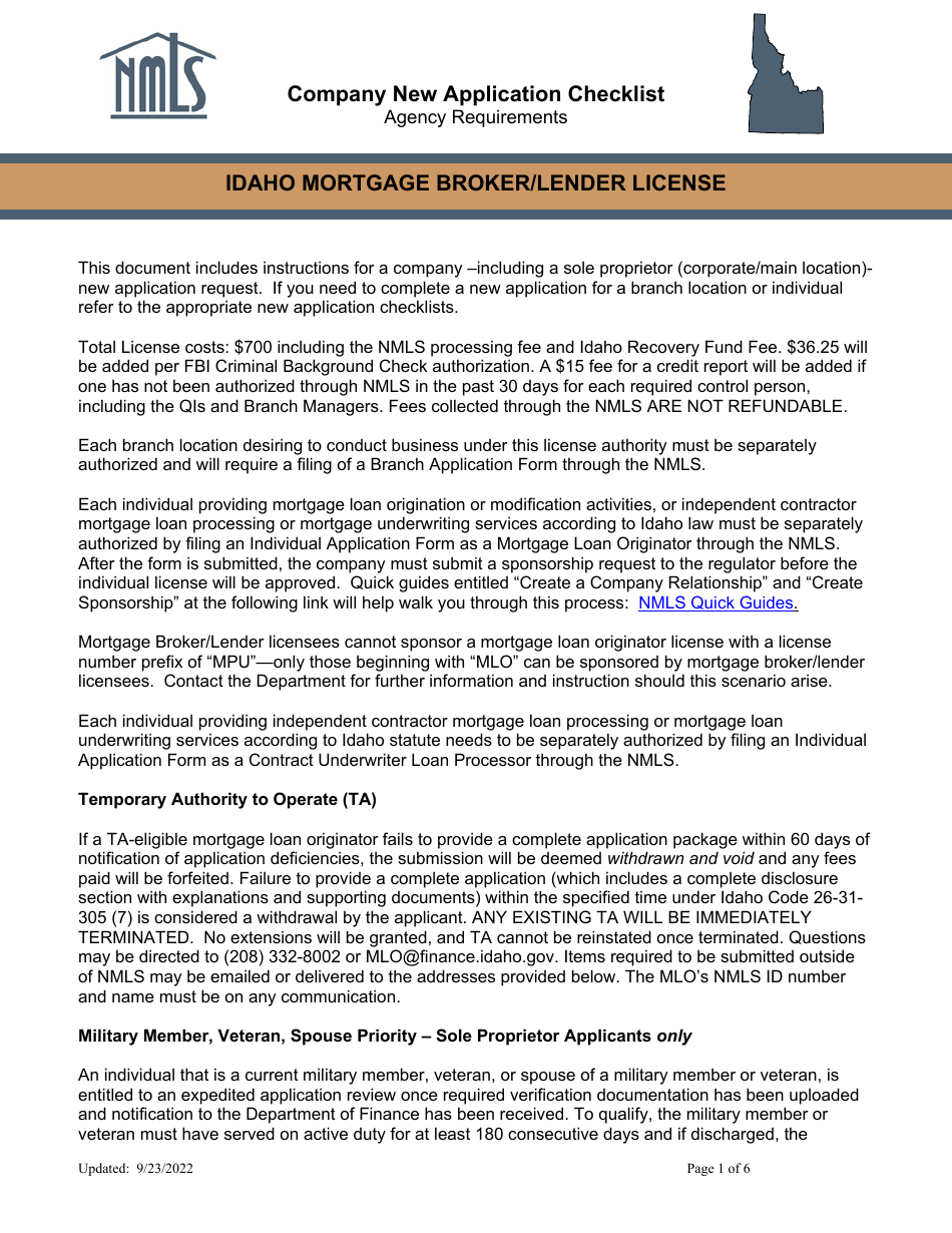 Idaho Mortgage Broker / Lender License Company New Application Checklist - Idaho, Page 1
