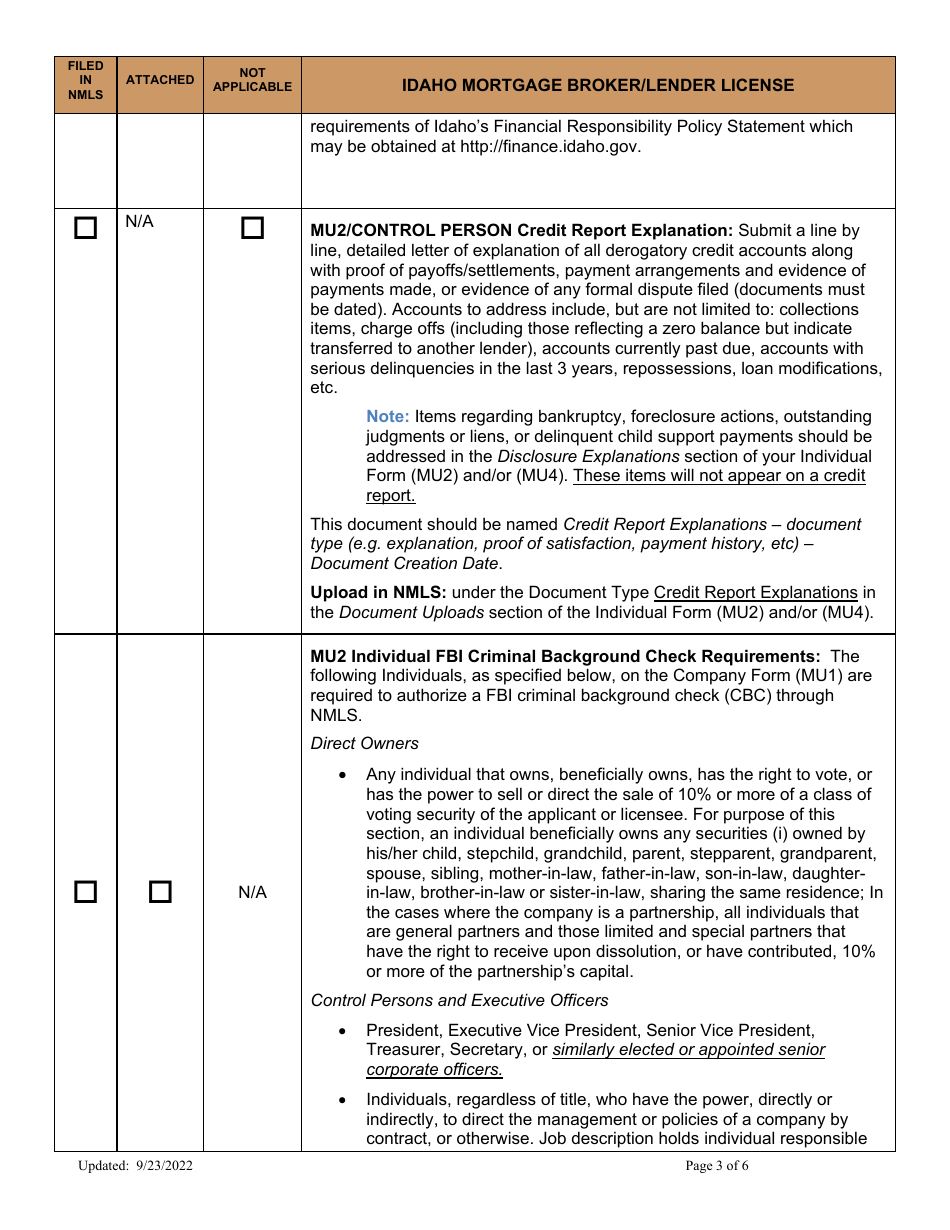 Idaho Mortgage Broker / Lender License Company New Application Checklist - Idaho, Page 3
