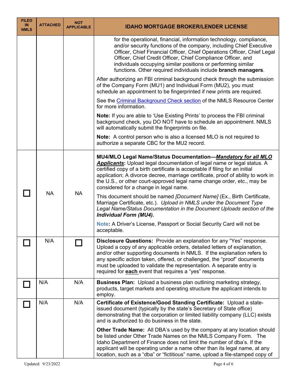 Idaho Mortgage Broker / Lender License Company New Application Checklist - Idaho, Page 4