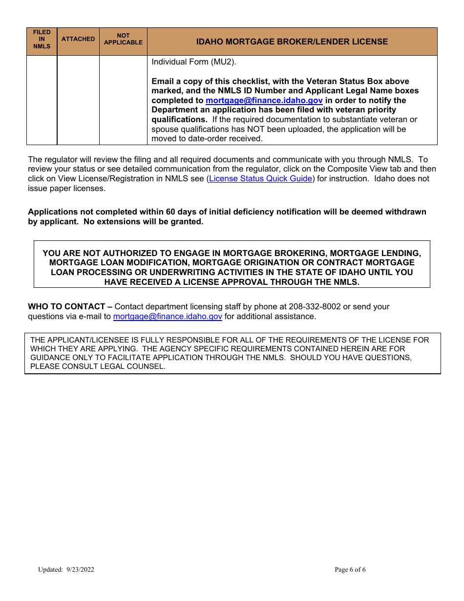Idaho Mortgage Broker / Lender License Company New Application Checklist - Idaho, Page 6