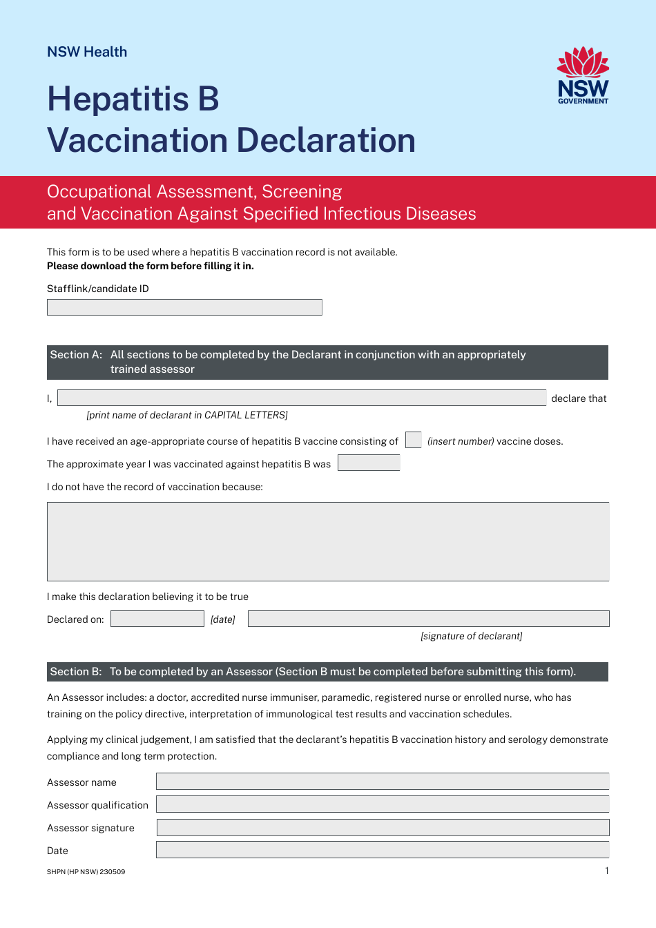 Hepatitis B Vaccination Declaration - New South Wales, Australia, Page 1