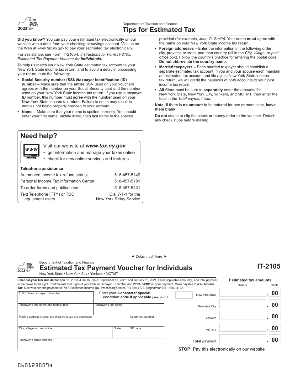 Form IT-2105 Estimated Tax Payment Voucher for Individuals - New York, Page 1