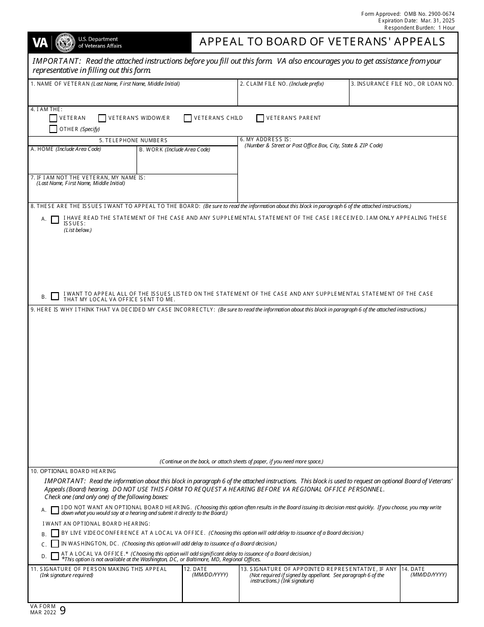 VA Form 9 Appeal to Board of Veterans Appeals, Page 1