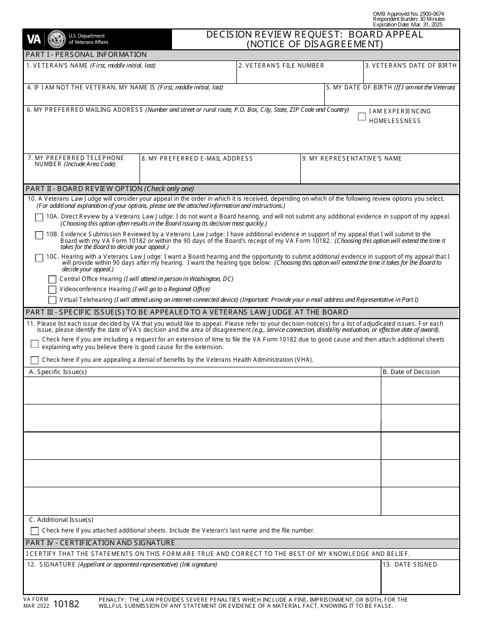VA Form 10182 Decision Review Request: Board Appeal (Notice of Disagreement), Page 1