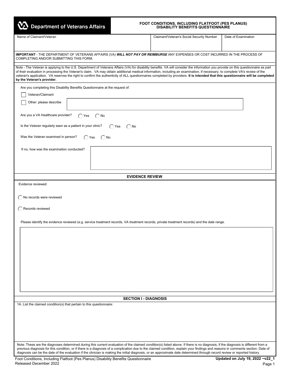 Foot Conditions, Including Flatfoot (Pes Planus) Disability Benefits Questionnaire, Page 1