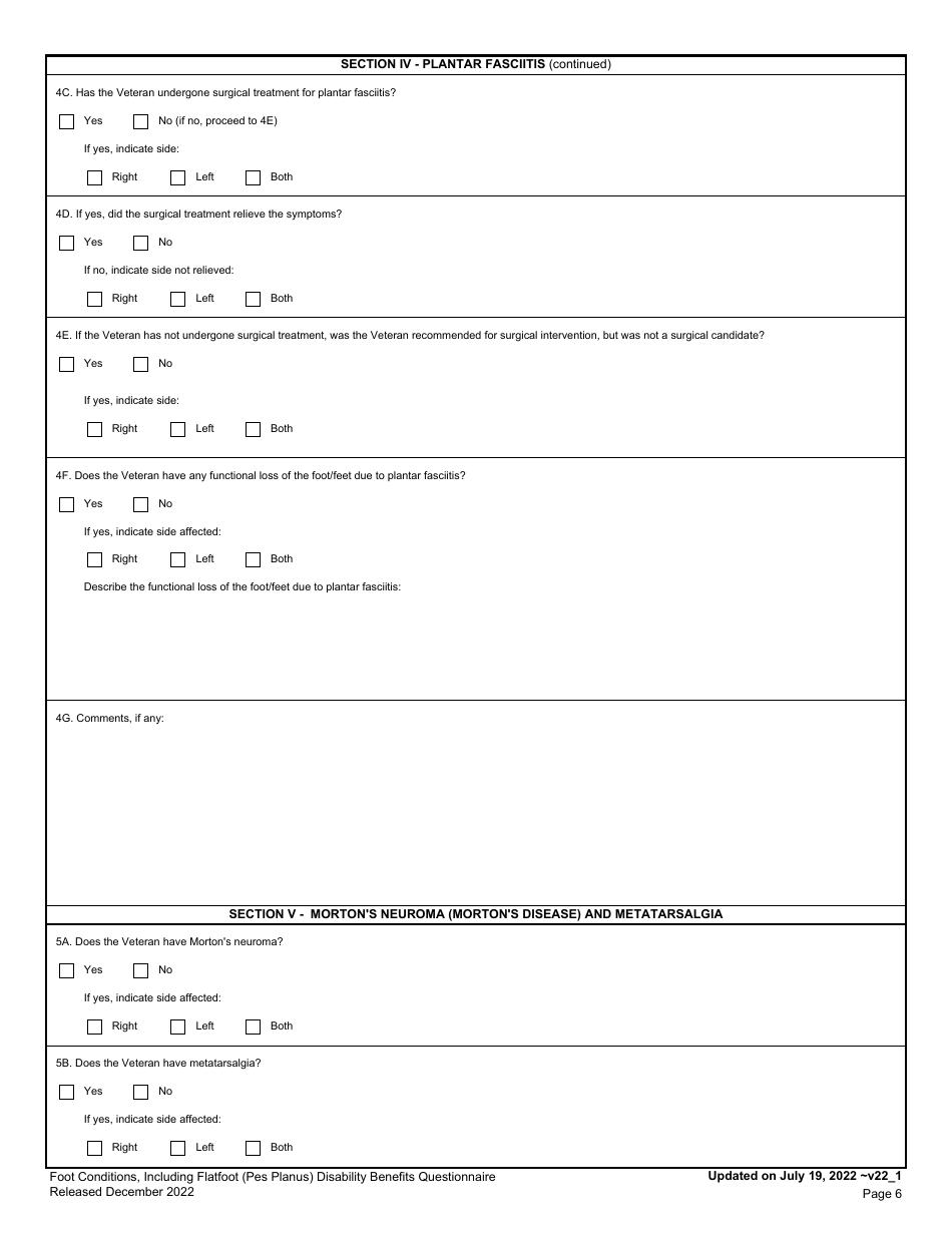 Foot Conditions, Including Flatfoot (Pes Planus) Disability Benefits Questionnaire, Page 6