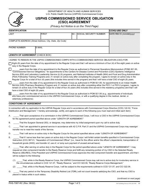 Form PHS-7087-RC USPHS Commissioned Service Obligation (Cso) Agreement