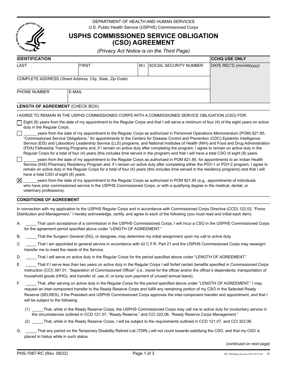 Form PHS-7087-RC USPHS Commissioned Service Obligation (Cso) Agreement, Page 1