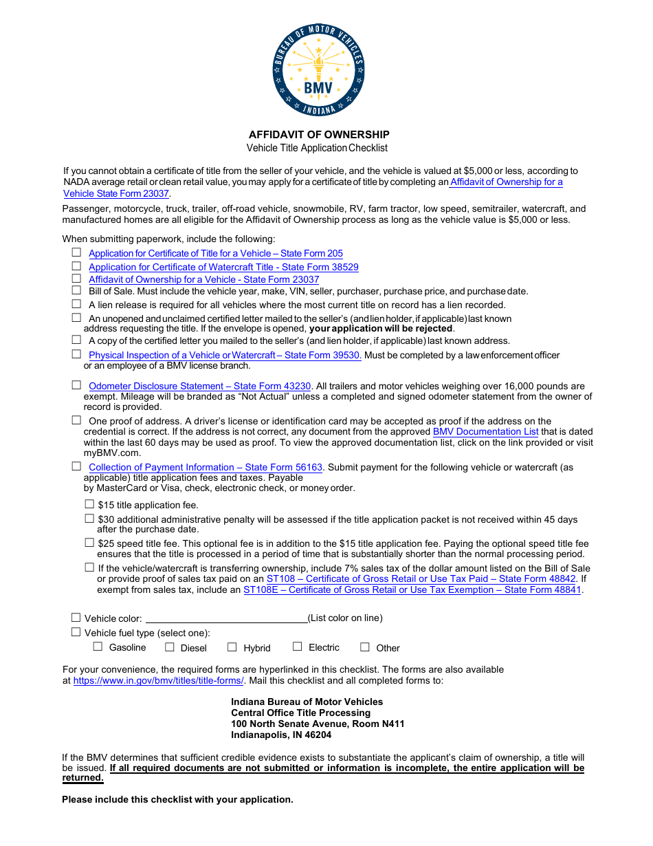 Affidavit of Ownership Vehicle Title Application Checklist - Indiana, Page 1