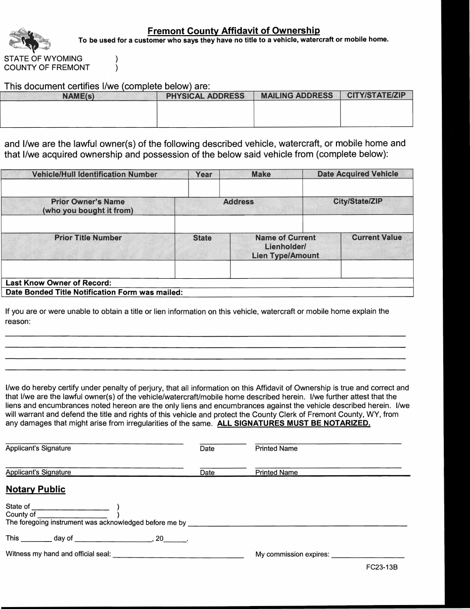 Form FC23-13B Affidavit of Ownership - Fremont County, Wyoming, Page 1