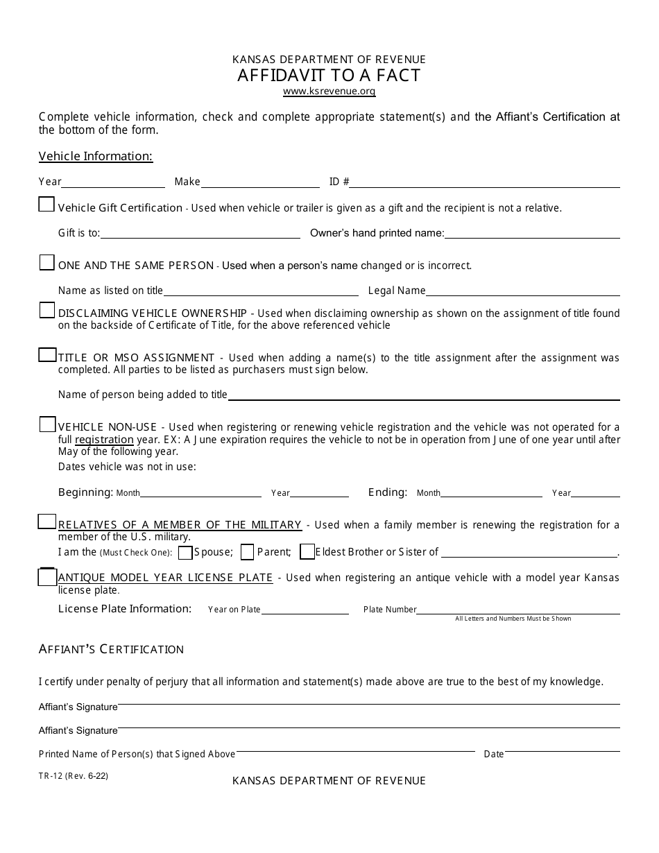 Form Tr 12 Download Fillable Pdf Or Fill Online Affidavit To A Fact Kansas 2021 — 2024 