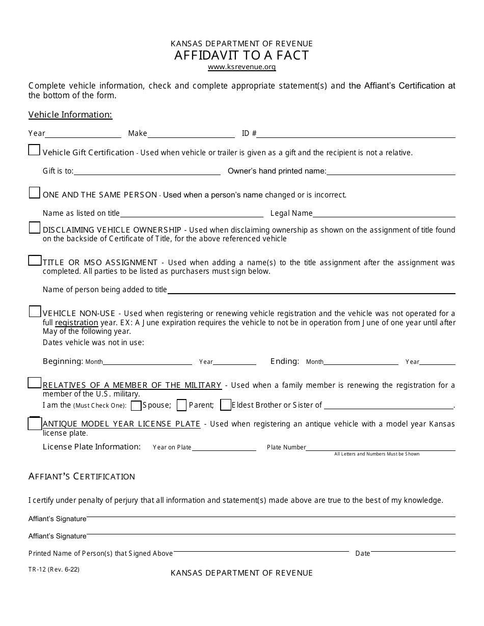 Form TR-12 Affidavit to a Fact - Kansas, Page 1