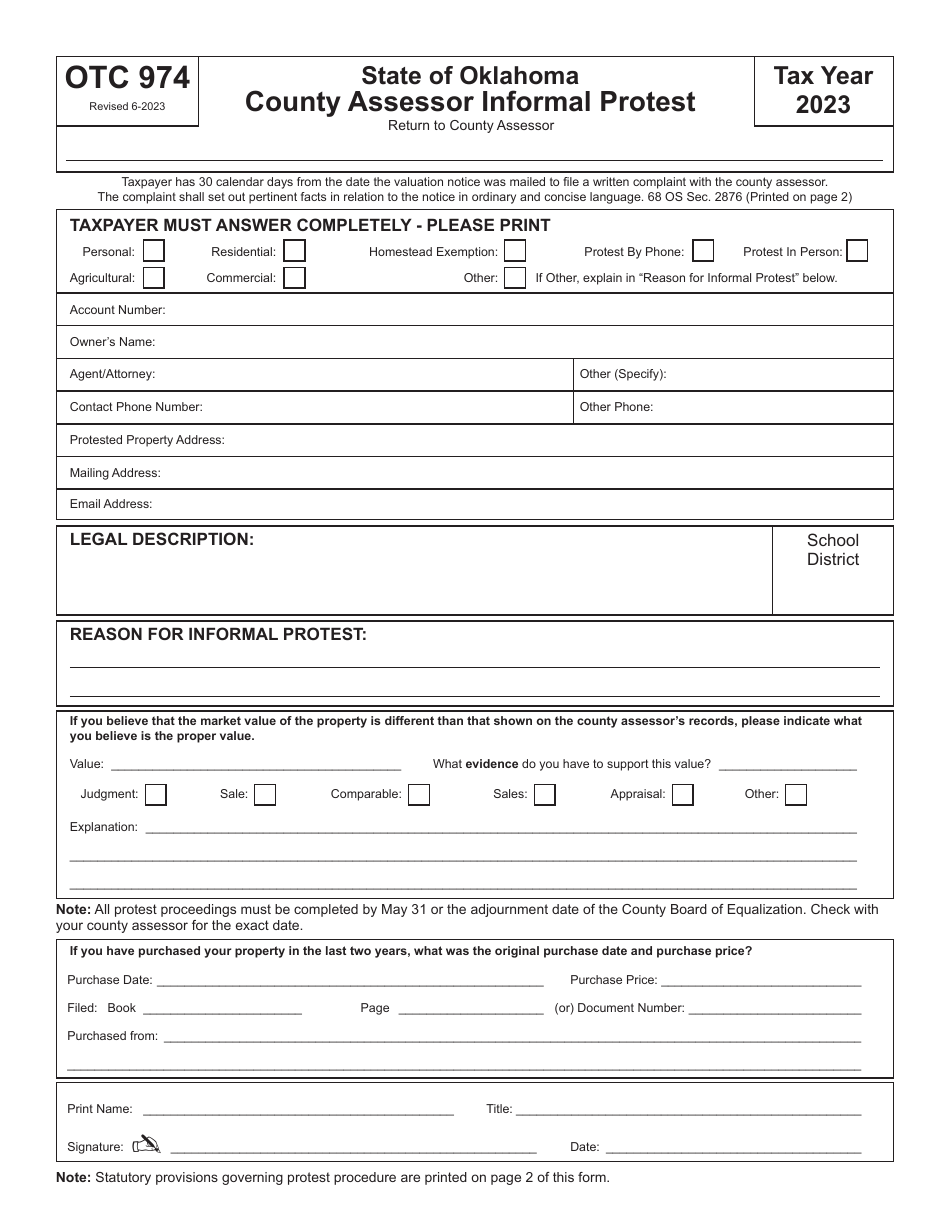 OTC Form 974 County Assessor Informal Protest - Oklahoma, Page 1
