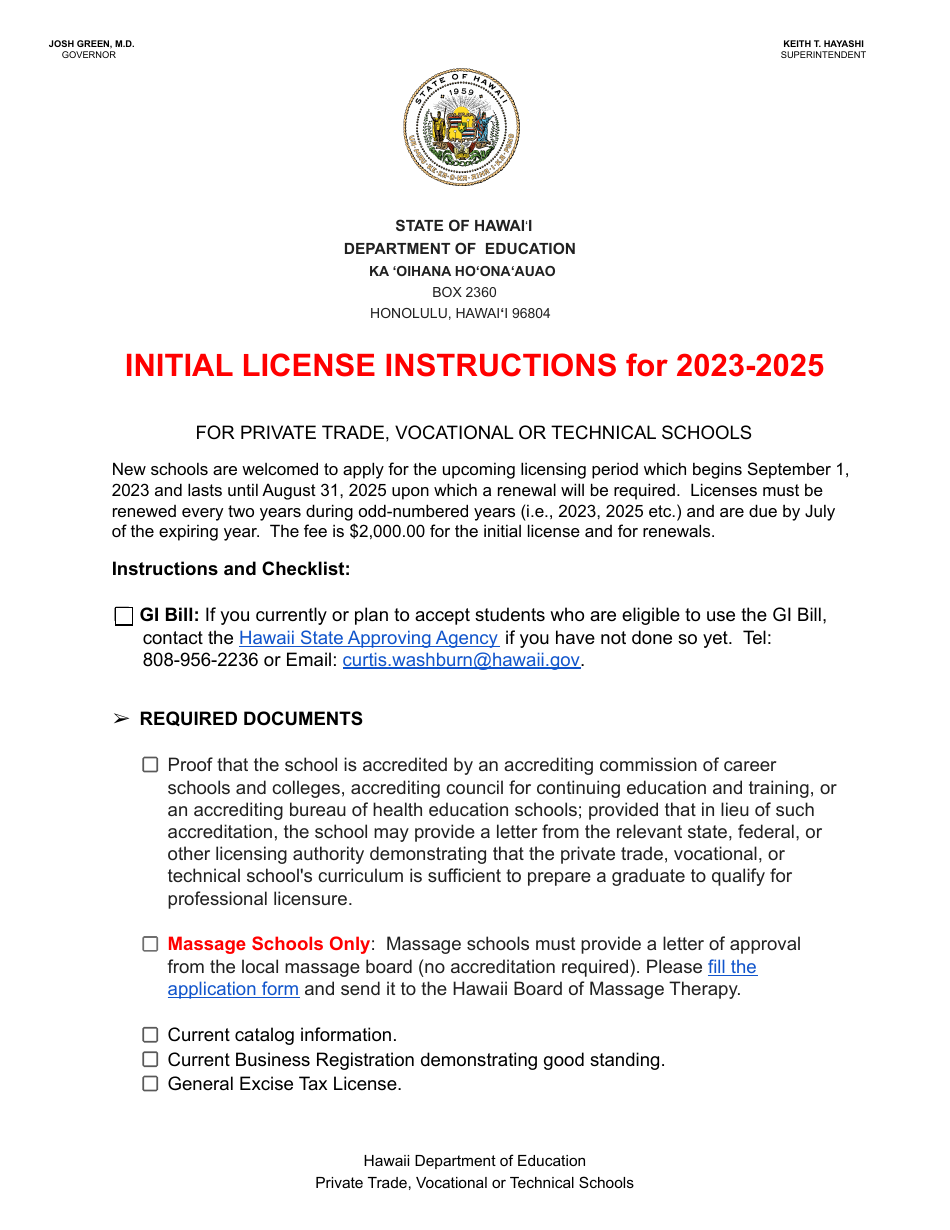 2025 Hawaii Initial License Application For Private Trade Vocational   Initial License Application For Private Trade Vocational Or Technical Schools Hawaii Print Big 