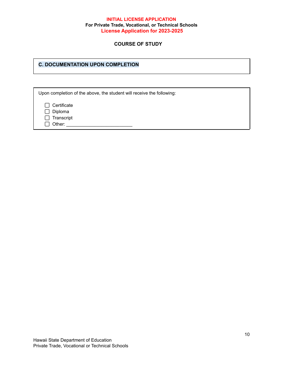 Initial License Application for Private Trade, Vocational, or Technical Schools - Hawaii, Page 10
