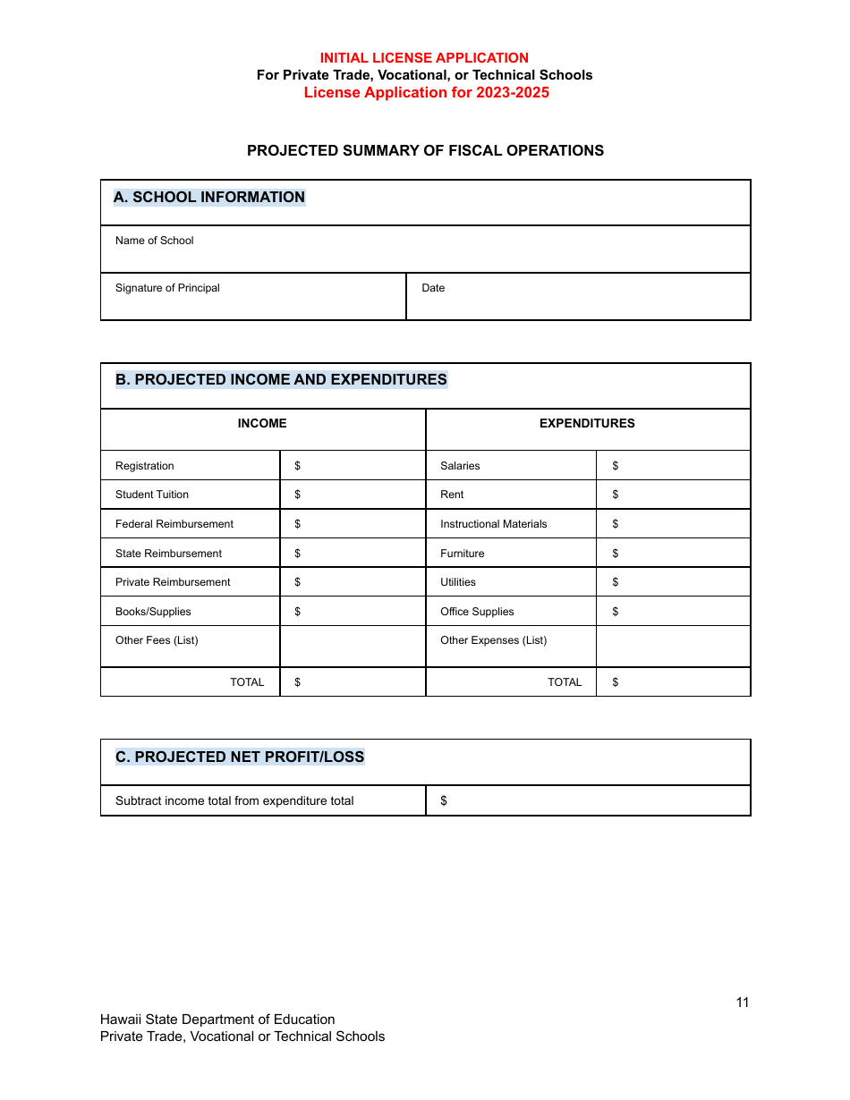 Initial License Application for Private Trade, Vocational, or Technical Schools - Hawaii, Page 11