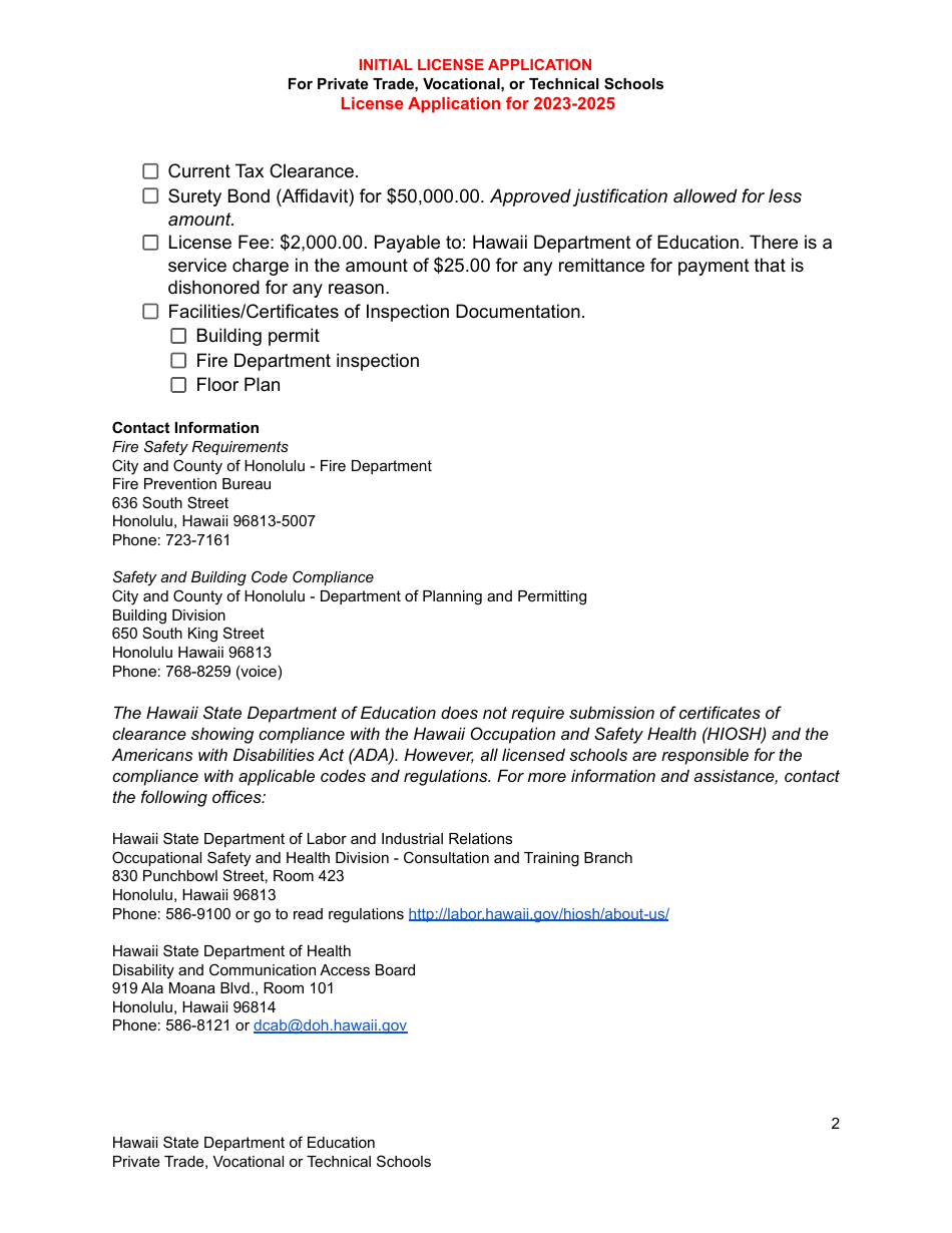 Initial License Application for Private Trade, Vocational, or Technical Schools - Hawaii, Page 2