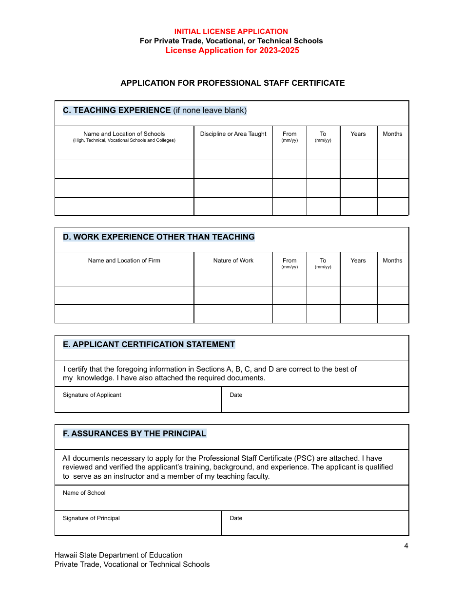 Initial License Application for Private Trade, Vocational, or Technical Schools - Hawaii, Page 4