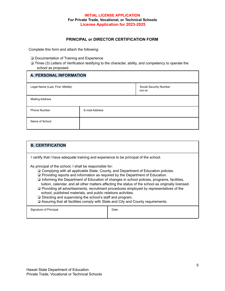 Initial License Application for Private Trade, Vocational, or Technical Schools - Hawaii, Page 5
