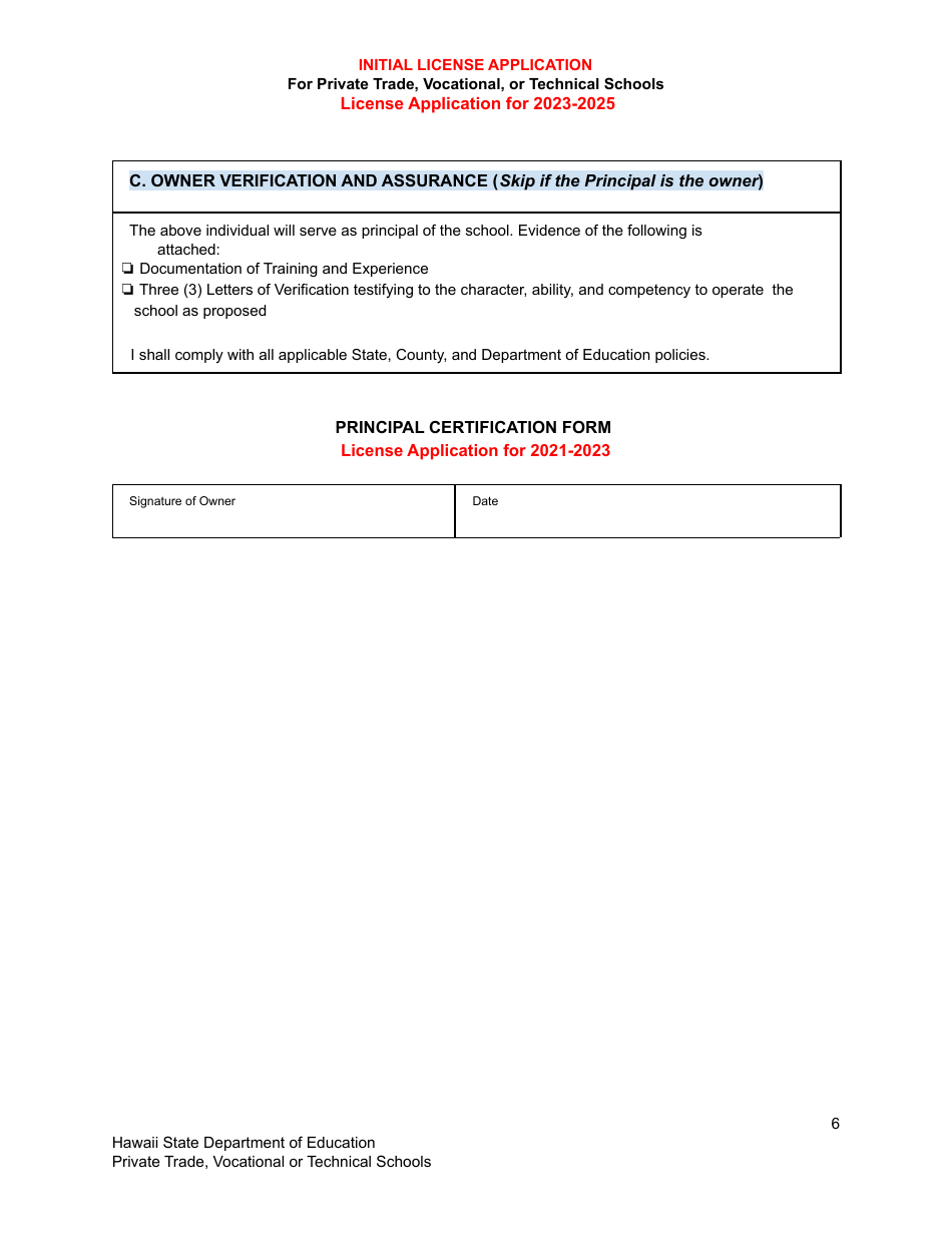 Initial License Application for Private Trade, Vocational, or Technical Schools - Hawaii, Page 6