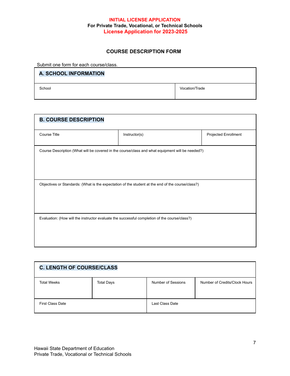 Initial License Application for Private Trade, Vocational, or Technical Schools - Hawaii, Page 7