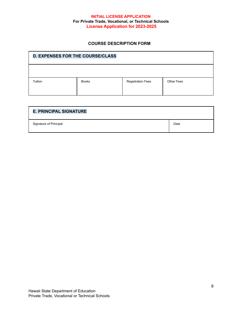 Initial License Application for Private Trade, Vocational, or Technical Schools - Hawaii, Page 8