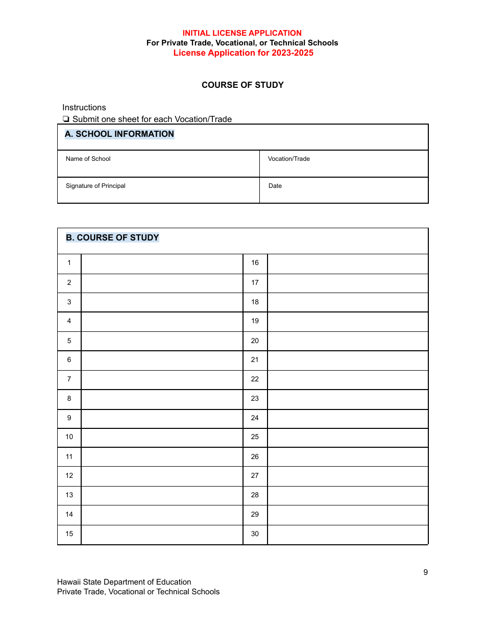 Initial License Application for Private Trade, Vocational, or Technical Schools - Hawaii, Page 9