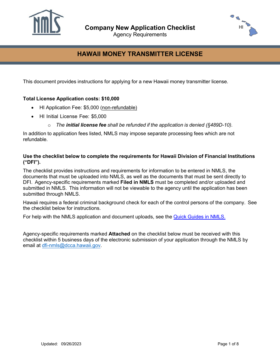Hawaii Money Transmitter License Company New Application Checklist - Hawaii, Page 1