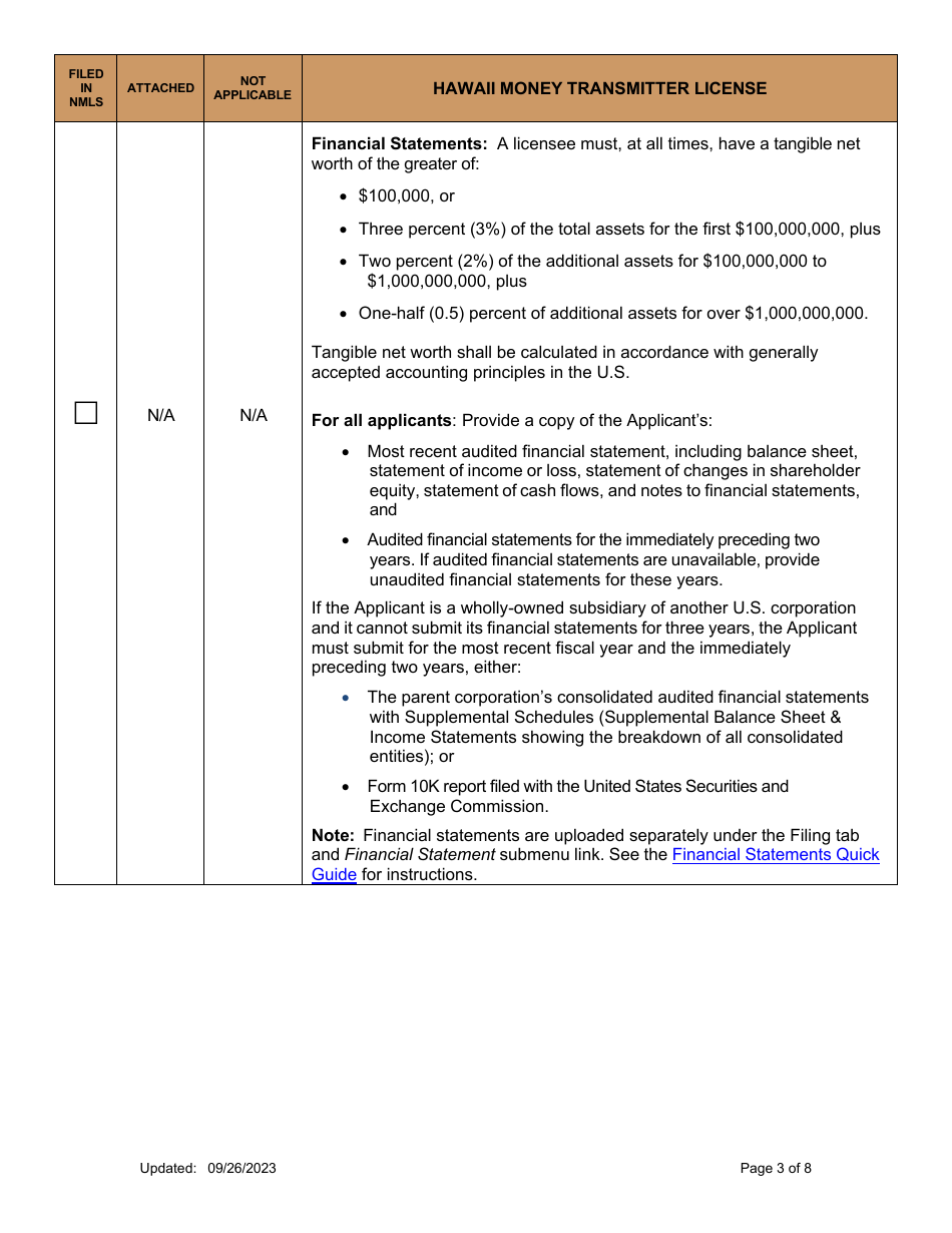 Hawaii Money Transmitter License Company New Application Checklist - Hawaii, Page 3