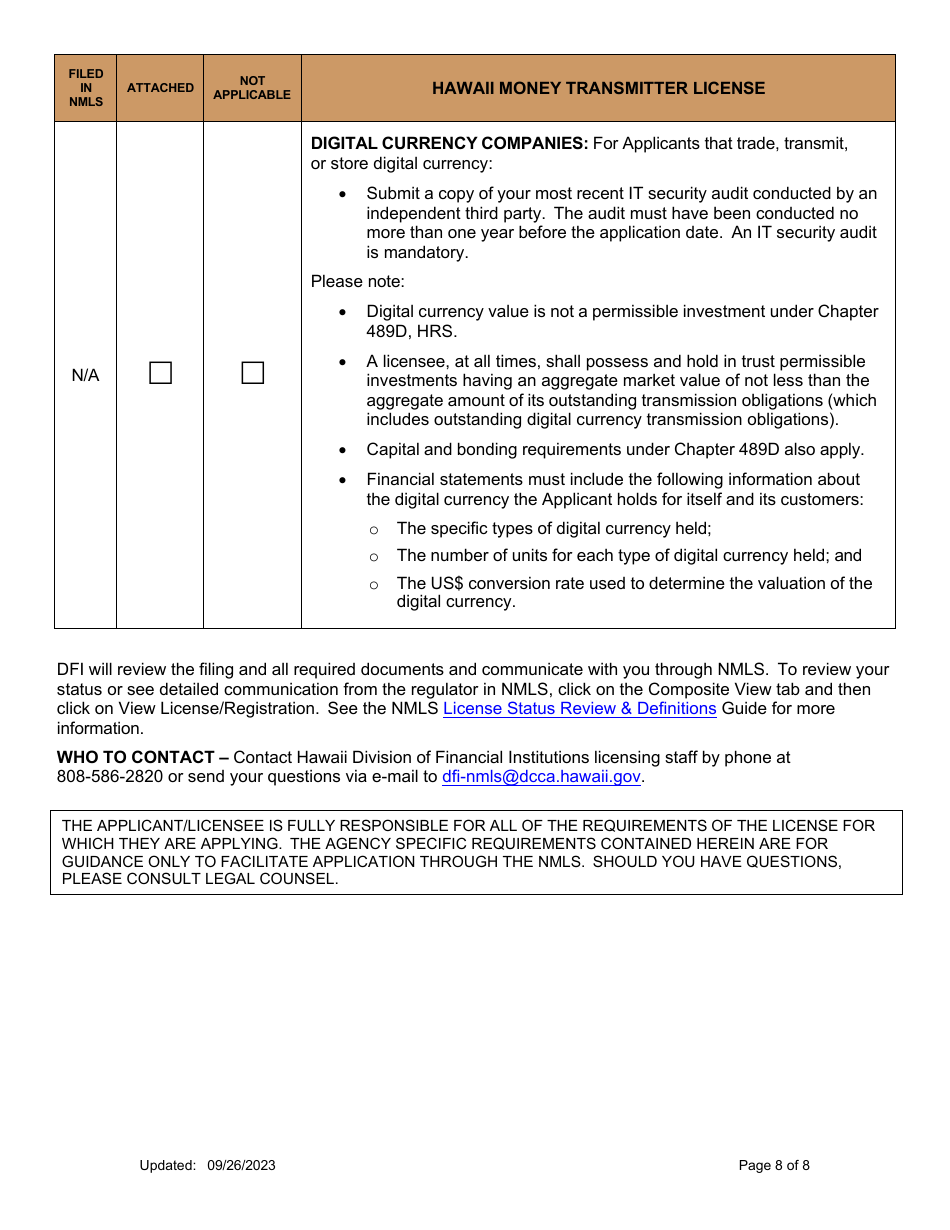 Hawaii Money Transmitter License Company New Application Checklist - Hawaii, Page 8