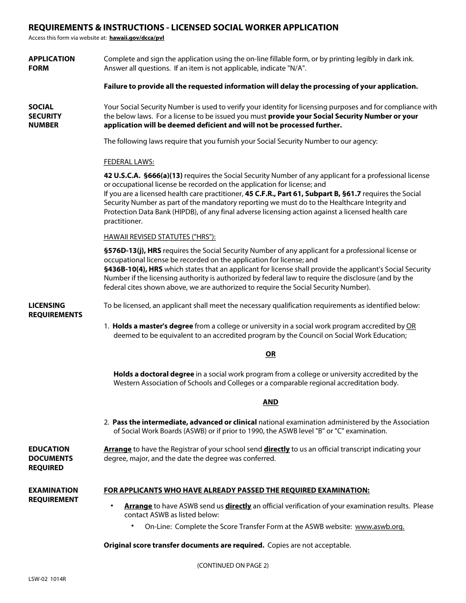 Form LSW-01 Application for License - Licensed Social Worker - Hawaii, Page 1