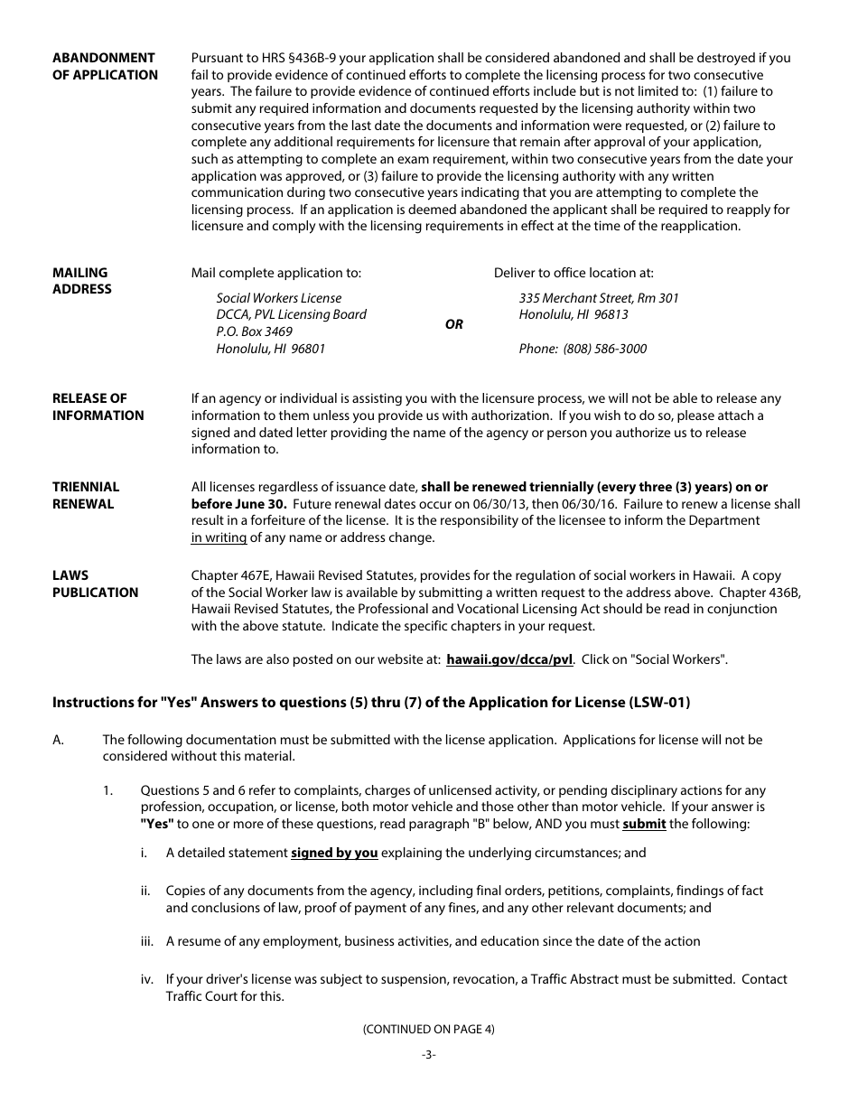 Form LSW-01 Application for License - Licensed Social Worker - Hawaii, Page 3