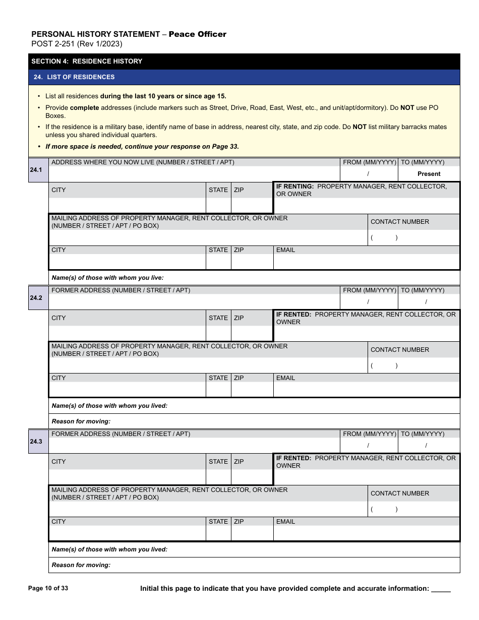 Form POST2-251 Personal History Statement - Peace Officer - California, Page 10