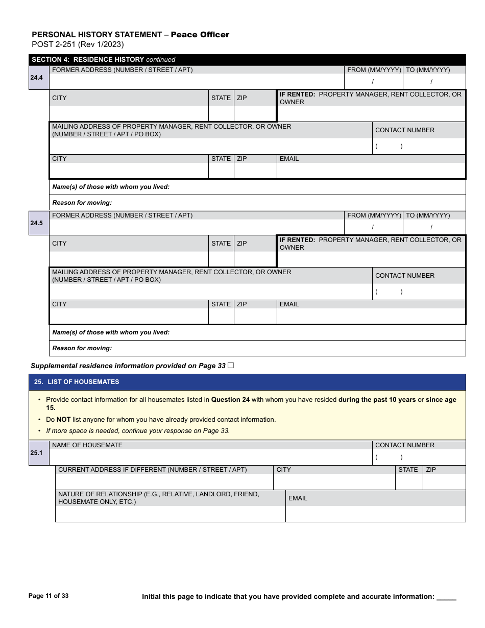 Form POST2-251 Personal History Statement - Peace Officer - California, Page 11
