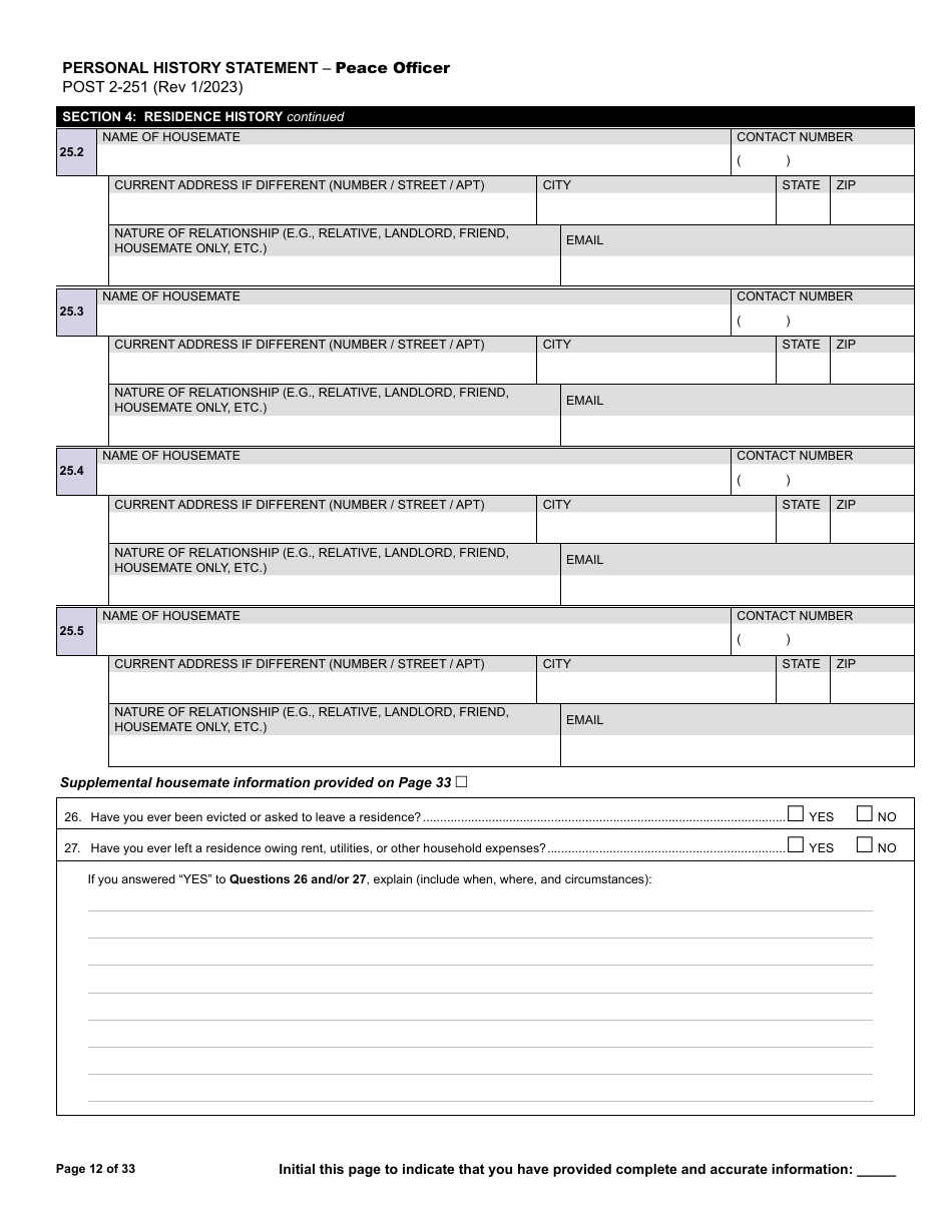 Form POST2-251 Personal History Statement - Peace Officer - California, Page 12