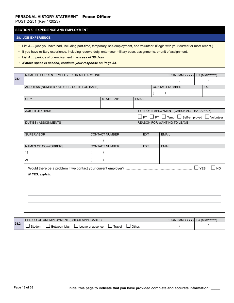 Form POST2-251 Personal History Statement - Peace Officer - California, Page 13