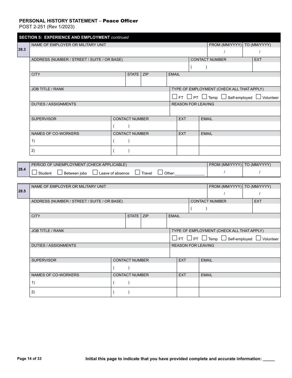 Form POST2-251 Personal History Statement - Peace Officer - California, Page 14